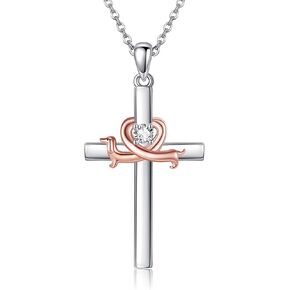 URONE Dachshund Necklace Sterling Silver Dachshund Cross Pendant Necklace Dachshund Jewelry Gifts for Women Dachshund Lovers