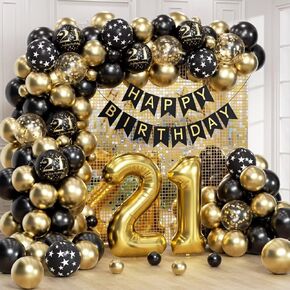 21st Birthday Decorations for Him Her with Happy 21st Birthday Decorations Banner 21 Balloon Number, Black and Gold 21st Birthday Balloons Kit for 21st Birthday Party Decorations