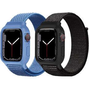 [3 Pack] Nylon Bands with Case Compatible with Kids Apple Watch Band 38mm 40mm 41mm & 42mm 44mm 45mm,Soft TPU Case with Breathable Velcro Strap for iWatch Series 9/8/7/6/5/4/3/SE/SE2,for Kids Women Men