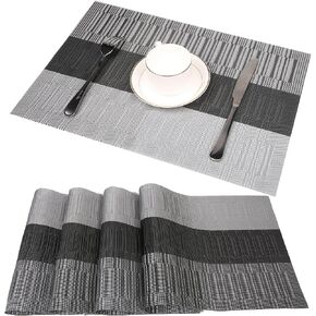 Famibay Table Runner and Placemats Set Vinyl Dining Table Runner 70.8x12 Long Cross-Weave Easy to Clean Table Runners Indoor Outdoor Waterproof Table Runner(1 Table Runner with 4 mats, Black+Gray)