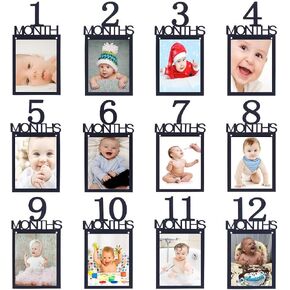 First Birthday Photo Banner Boy Girl 1st Birthday Photo Banner Baby Growth Record 1-12 Month Pictures Monthly Milestone Letters Photograph Garland for Newborn Baby's Birthday Decorations (Black)