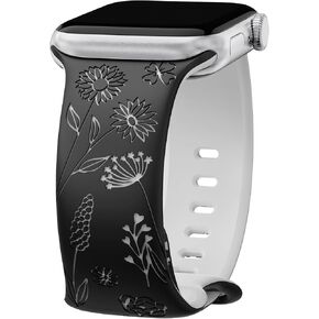 Floral Engraved Band for Apple Watch Bands 41mm 40mm 44mm 45mm 42mm 38mm 49mm Women, Soft Silicone Strap for iWatch Series SE 9 8 7 6 5 4 3 2 1 Ultra