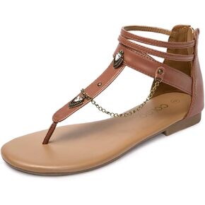 Colgo Thong Flat Sandals with Chain, Ankle Strap Zip Closure Flat Sandals, Women's Casual Sandals for Summer Party