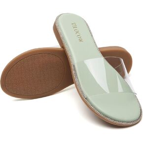 Tilocow Women Clear Sandals for Womens Rhinestone Decor Slides Slip on Bling Sandals Daily Casual Beach Summer Flat Shoes