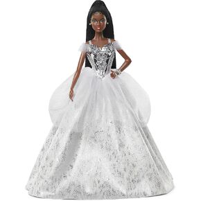 Barbie Signature 2021 Holiday Doll (12-inch, Brunette Braided Hair) in Silver Gown, with Doll Stand and Certificate of Authenticity, Gift for 6 Year Olds and Up