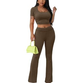 ملابس Ekaliy مكونة من قطعتين للنساء كاجوال برقبة مربعة وبنطلون مضلع طقم رياضي لليوجا in Kuwait