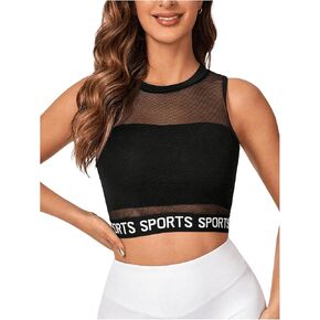 SweatyRocks Women's Letter Print Sheer Mesh Sports Tank Top Sleeveless Crewneck Cropped Yoga Tops