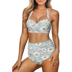 Floral Pattern Women Tummy Control High Waisted Bathing Suits Push Up Ruched Two-Piece Bikini Set