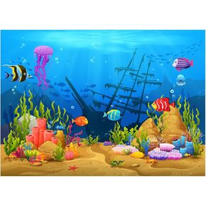 WOLADA Ocean Backdrop Under The Sea Backdrop Underwater Backdrop Sea Backdrop Fish Coral Sunken Ship Backdrop Ocean Themed Birthday Party Photography Backdrop 7x5FT FW27
