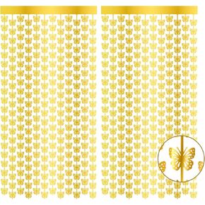 2Pcs Butterfly Foil Fringe Curtains - 3.3×6.6ft Gold Birthday Bachelorette Party Photo Booth Props Baby Shower Wedding Showcase Decorations