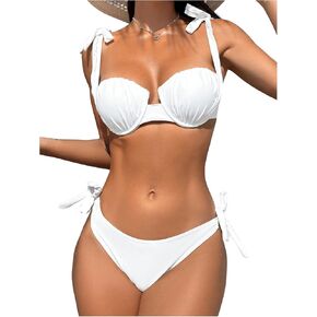 MakeMeChic Women's 2 Piece Knot Shoulder Bikini Set Push Up Ruched Tie Side Thong Swimsuit Bathing Suit