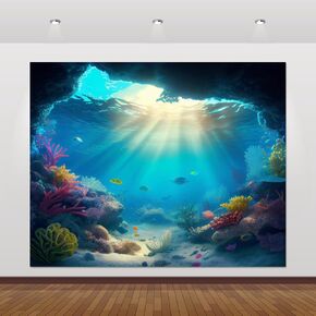 Under The Sea Backdrop 10x8ft Seabed Underwater World Ocean Coral Fish Deep Sea Photography Background Children Kids Birthday Party Banner Decorations Aquarium Backdrops