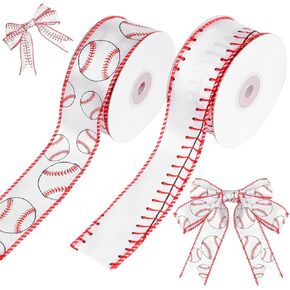 2 Rolls 20 Yards Baseball Ribbons Red White Wired Edge Fabric Ribbons 1.5 Inch Sport Stitching Satin Wired Ribbon for Present Wrapping DIY Crafts Decoration