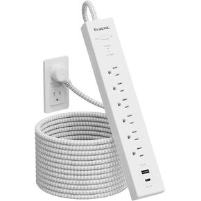 Power Strip Surge Protector with USB C PD 20W - Flat Plug Braided Extension Cord with 6 AC Outlets 2 USB (1 USB C), Wall Mount, 6ft, 980 J, Multi Plug Outlet Extender for Home Office Dorm Room Black