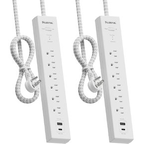 Power Strip Surge Protector with USB C PD 20W - Flat Plug Braided Extension Cord with 6 AC Outlets 2 USB (1 USB C), Wall Mount, 6ft, 980 J, Multi Plug Outlet Extender for Home Office Dorm Room Black