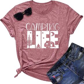 Hiking Camping Shirts for Women Funny Graphic Tees Shirts Happy Camper Letter Print Casual Tee Tops