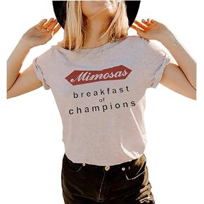 تي شيرت Mimosas Breakfast of Champions للنساء لحفلات الشرب بأكمام قصيرة تي شيرت كاجوال مطبوع عليه حروف