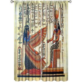 Egyptian Print Curtains, Window Blackout Curtains Golden Egypt Hieroglyphics Old Logographic Details and Alphabetic Elementst Lightweight Decorative 2 Panels, 21W x 54L inch Each Panel