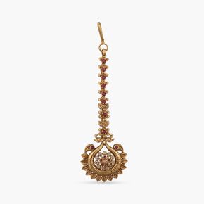 Tarinika Antique Gold Plated Leafy Maangtika with Peacock Design - Indian Mang Tika for Women and Girls Perfect for Ethnic Occasions | Traditional Indian nethi chutti | 1 Year Warranty*