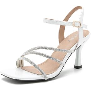 Women's Formal Rhinestone Strappy Sandal Mid High Kitten Heel Ankle Strap Buckle Up Square Toe Heels