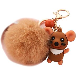 Cartoon Mouse Key Chain with Fluffy Fur Pom Pom