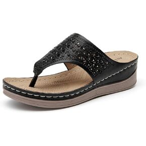 ALLOT Women's Comfortable Flip Flops Slip On Arch Support Platform Wedge Thong Sandals Rhinestone Hollow out Dressy Summer Slide Beach Walking Shoes