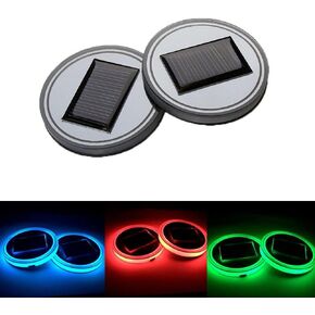 Pack of 2, Solar LED Car Cup Holder Mat Pad Waterproof Bottle Drinks Coaster Built-in Light and Vibration Sensor Car Interior Decoration Light Lamp (Colorful)
