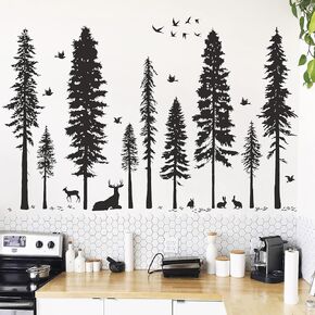 Pine Tree Wall Sticker 9 Trees Wall Decals Deer Bird Bunny Forest and Nature DIY Removable Premium Black Vinyl Sticker for Kids Girl Boy Bedroom Living Room Nursery Rooms Home Offices Walls Decoration