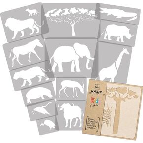 NAKLEO 14 pcs Reusable Plastic Stencils - African Animals Savannah - 13.4" to 3.5" - Pattern Children Kids Painting Template Room Decor - Craft DIY Wall Furniture