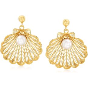 Ross-Simons Italian Cultured Pearl Seashell Drop Earrings in 18kt Gold Over Sterling Silver