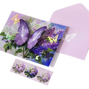 3D Pop Up Butterfly Greeting Card with Paper Envelope for Friends, Foldable Popup Celebration Cards for Birthday, Graduation, Wedding, Anniversary, Thank You, Thinking of You, Get Well, Valentine's Day, Mother's Day, Fathers Day, All Occasio (Purple)