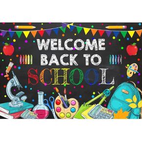 Welcome Back to School Backdrop Colorful Classroom Blackboard Chalk Writing Backdrop Pencil Apple Bag Stationery Backdrop Teacher Students Party Banner 5x3ft(150x90cm) Photo Studio Props