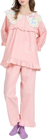 ULLALA Pajamas for Women Vintage Three-quarter sleeve 40'S Cotton Candy Two-Piece Pink Soft Sleepwear 2Piece one Size in Kuwait