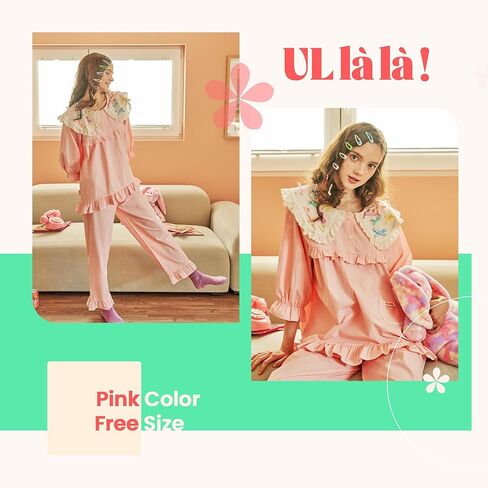 ULLALA Pajamas for Women Vintage Three-quarter sleeve 40'S Cotton Candy Two-Piece Pink Soft Sleepwear 2Piece one Size in Kuwait
