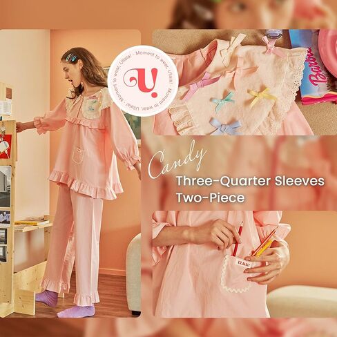 ULLALA Pajamas for Women Vintage Three-quarter sleeve 40'S Cotton Candy Two-Piece Pink Soft Sleepwear 2Piece one Size in Kuwait