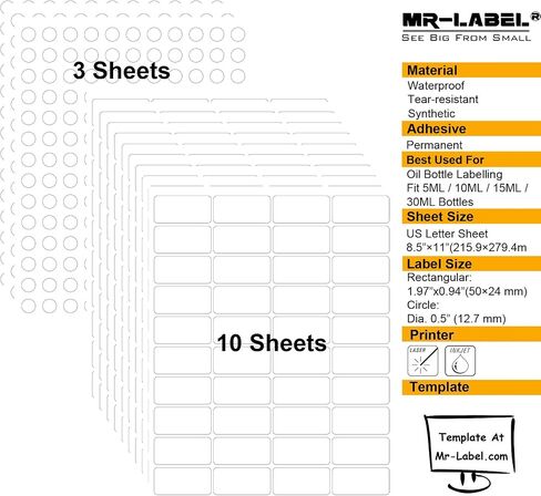 ملصقات الزيوت العطرية Mr-Label - للطابعة النافثة للحبر/الليزر - تناسب زجاجات وبكرات 5 مل/10 مل/15 مل/30 مل - مقاومة للتلطخ | غراء قوي (400 مستطيل) in Saudi Arabia
