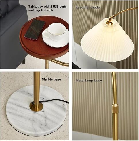 Floor Lamp with Table/Tray,Michideco Bedside Lamp with Double USB Ports and Charger,Great Reading Lamp for Bedroom, Living Room or Office(Gold,Long-arm) in Saudi Arabia