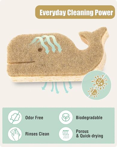 Natural Sponges 12Pack, Eco-Friendly Scrub Sponges for Kitchen, Non-Scratch Biodegradable Plant Based Scrubber Pads for Cleaning Dishes, Odor Free, Whale Shape in Saudi Arabia