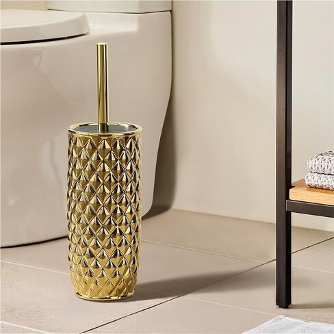 مجموعة فرش المرحاض السيراميكية من إكسسوارات الحمام - فرشاة وحامل المرحاض (نمط الأناناس، ذهبي) in Kuwait