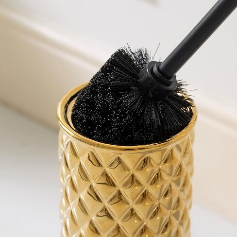 مجموعة فرش المرحاض السيراميكية من إكسسوارات الحمام - فرشاة وحامل المرحاض (نمط الأناناس، ذهبي) in Kuwait