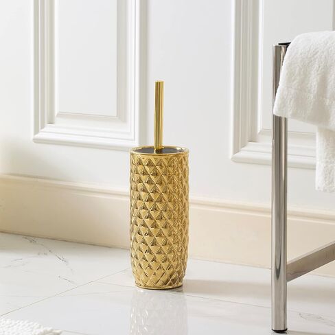 مجموعة فرش المرحاض السيراميكية من إكسسوارات الحمام - فرشاة وحامل المرحاض (نمط الأناناس، ذهبي) in Kuwait