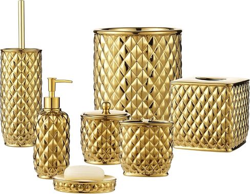 مجموعة فرش المرحاض السيراميكية من إكسسوارات الحمام - فرشاة وحامل المرحاض (نمط الأناناس، ذهبي) in Kuwait