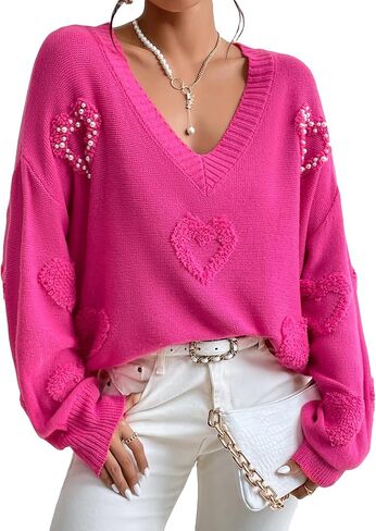 Verdusa Women's Pearls Heart V Neck Drop Shoulder Sweater Long Sleeve Loose Knit Top in Saudi Arabia