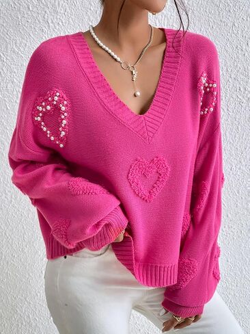 Verdusa Women's Pearls Heart V Neck Drop Shoulder Sweater Long Sleeve Loose Knit Top in Saudi Arabia