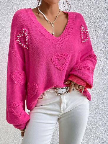 Verdusa Women's Pearls Heart V Neck Drop Shoulder Sweater Long Sleeve Loose Knit Top in Saudi Arabia