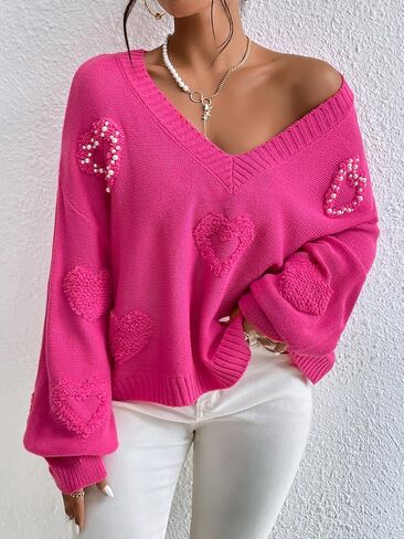 Verdusa Women's Pearls Heart V Neck Drop Shoulder Sweater Long Sleeve Loose Knit Top in Saudi Arabia