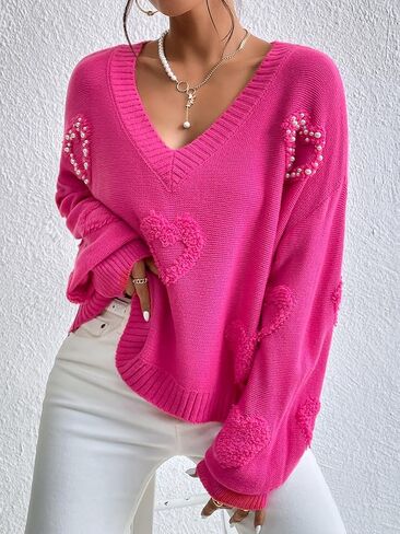 Verdusa Women's Pearls Heart V Neck Drop Shoulder Sweater Long Sleeve Loose Knit Top in Saudi Arabia