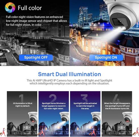 كاميرا برجية 4K 8MP IP POE للأماكن الخارجية، رؤية ليلية ذكية ذات لون فاتح مزدوج، اكتشاف الإنسان/المركبة، سلك التعثر/التسلل، الردع النشط، ميكروفون مدمج، SD (256 جيجابايت)، مراقبة مجال الرؤية 132 درجة in Kuwait