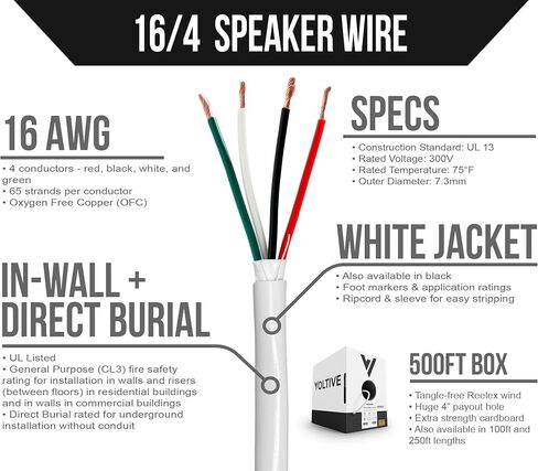 12/2 Speaker Wire, in-Wall CL3 & Direct Burial, Black, 500ft - 12AWG, 2 Conductors, Stranded Oxygen-Free Copper, UL Listed - V-1206-5 in Kuwait