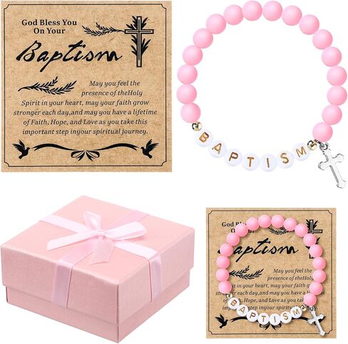 3 Pcs Pink Cross Baptism Bracelet for Girls with Pink Gift Box and Baptism Card First Communion Baptism Gifts Confirmation Christian Baptized Bracelet for Women Little Girls Teen Boys in Saudi Arabia